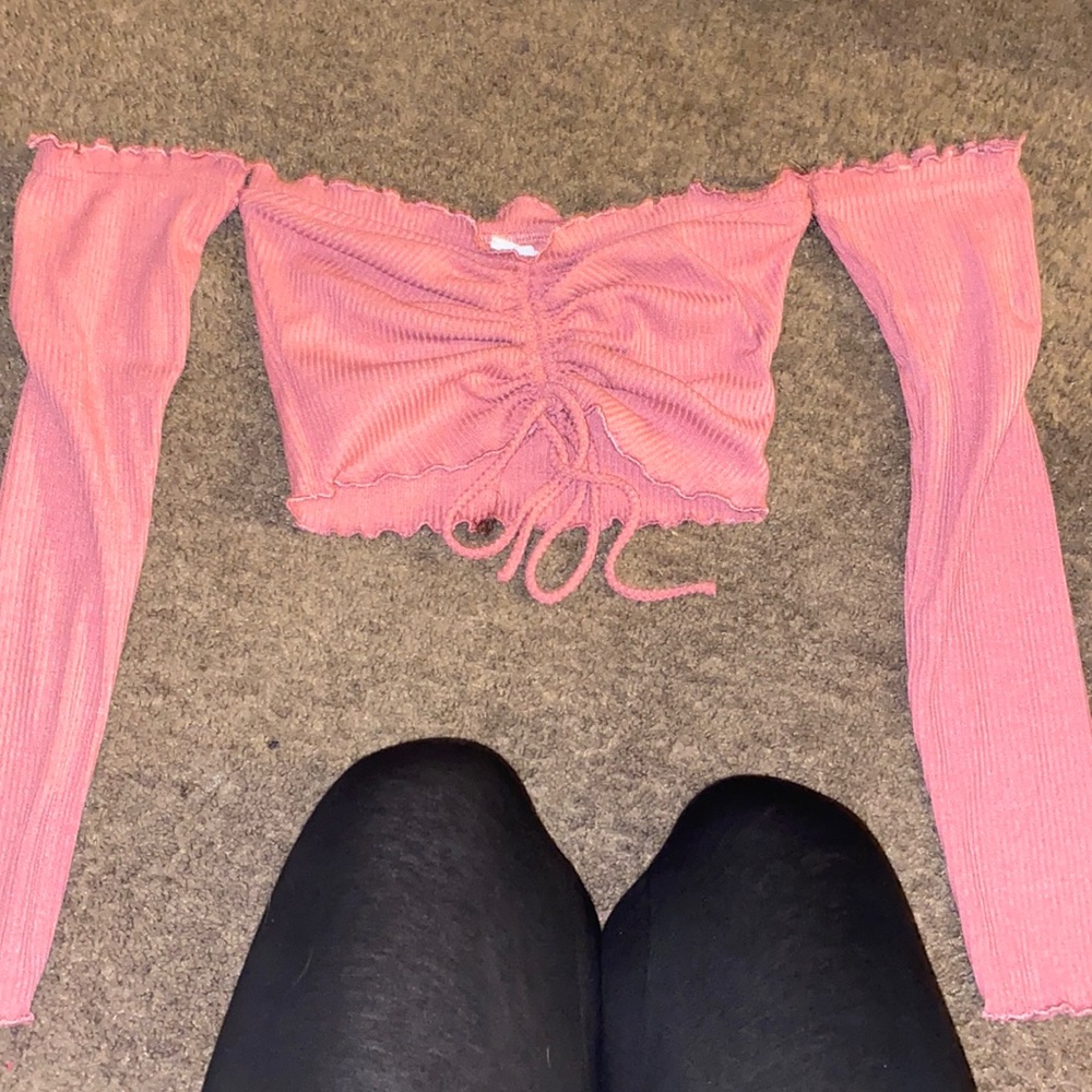 Light pink off the shoulder cropped long sleeve